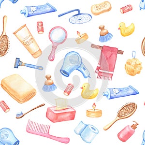 Seamless watercolor pattern with bathroom elements. Toothbrush, towel and hair brush.