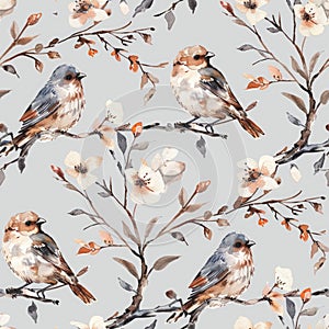 Seamless watercolor pattern with birds gracefully perched on branches