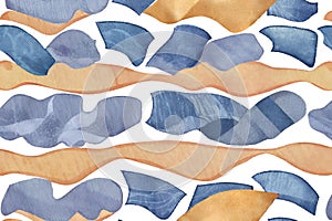 Seamless watercolor pattern with blue and beige abstract shapes. Generative AI
