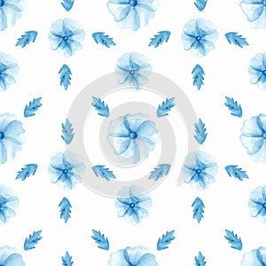 Seamless watercolor pattern with blue poppies and leaves