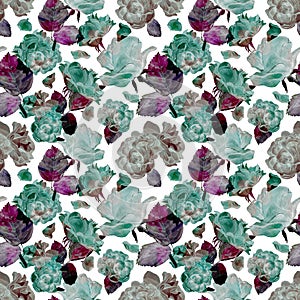 Seamless watercolor pattern of blue roses, violet leaves, roses petals. Hand painted illustration on white background.