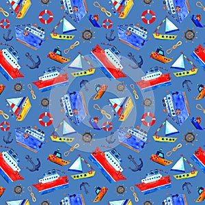 Seamless watercolor pattern of blue steamer and boats and ships with flags. Ships in cartoon style.