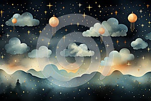 Seamless watercolor pattern in boho style with small stars, clouds and balloons at night sky. Gouache, paper texture.
