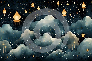 Seamless watercolor pattern in boho style with small stars, clouds and lights in the night sky.