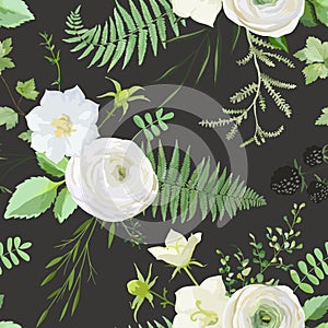 Seamless watercolor pattern with bouquets of white flowers, berries, green leaves. Summer and spring rustic plant background