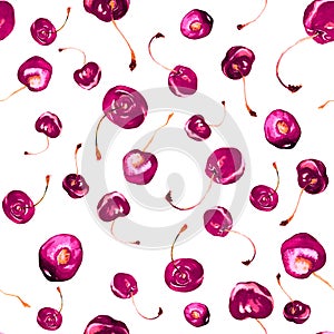 Seamless watercolor pattern with bright pinc cherries