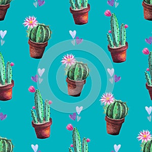 Seamless watercolor pattern of cactuses in brown pots on a blue background with tiny hearts