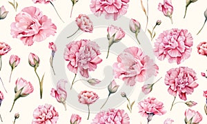 Seamless watercolor pattern with carnation flowers.