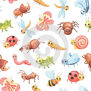 Seamless watercolor pattern with Cartoon insects. Cute butterfly, grasshopper and dragonfly.