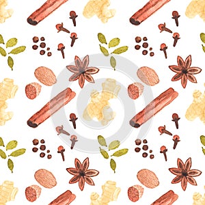 Seamless watercolor pattern with cinamon, ginger