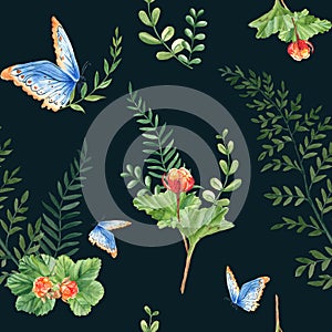 Seamless watercolor pattern with cloudberry leaves and berries, fern, green branches, blue butterfly. Botanical summer