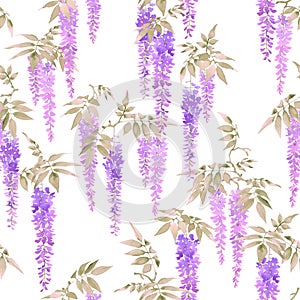 Seamless watercolor pattern, clusters of light violet wisteria flowers.