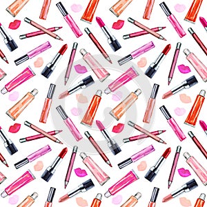 Seamless watercolor pattern with colored lipstick and gloss lip.