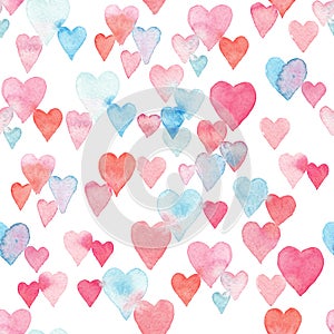 Seamless watercolor pattern with colorful hearts - pink, purple, blue tints.