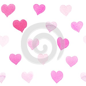 Seamless watercolor pattern with colorful hearts - pink tints.