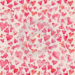 Seamless watercolor pattern with colorful hearts - romantic tints of red.