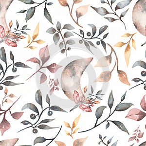 Seamless watercolor pattern with  crescent and floral in trendy neutral colors. dark, grey. burgundy and dirty yellow modern color