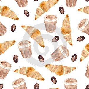 Seamless watercolor pattern of croissant, coffee,  coffee beans isolated on white background. Food illustration