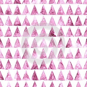 Seamless watercolor pattern. Cute geometric background. Grunge paper texture. Pink triangles on a white background. Handmade