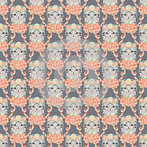 Seamless watercolor pattern with cute little kittens in floral wreaths. Hand drawn animal pattern. Spring summer mood