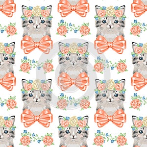 Seamless watercolor pattern with cute little kittens in floral wreaths. Hand drawn animal pattern. Spring summer mood