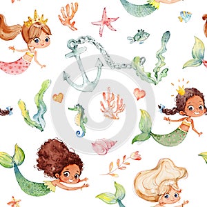 Seamless watercolor pattern with cute multiracial girls mermaids, sea elements, sea stars, fishes, flowers etc Girls