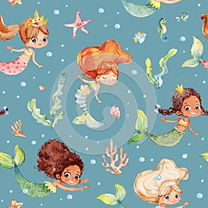 Seamless watercolor pattern with cute multiracial girls mermaids, sea elements, sea stars, fishes, flowers etc Girls