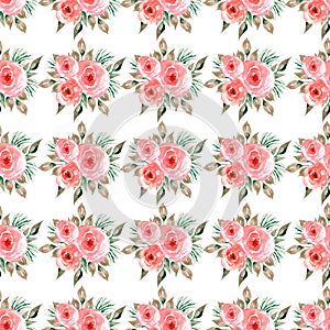 Seamless watercolor pattern with delicate florals in red, grey green leaves. Hand drawn  patterns with flowers and greenery