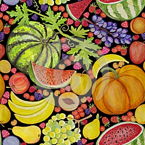 Seamless watercolor pattern with different vegetables on a black background.