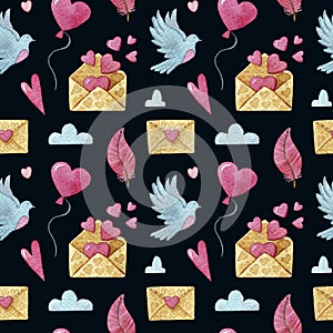 Seamless Watercolor pattern with doves, letters.