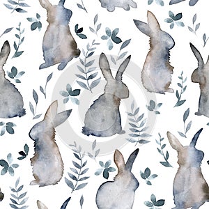 Seamless watercolor pattern with Easter bunnies. minimalistic print with simple silhouettes of hares, leaves and plants on a white