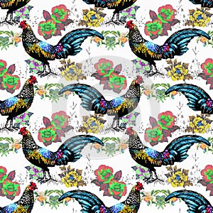 Seamless watercolor pattern with farm roosters silhouettes and flowers