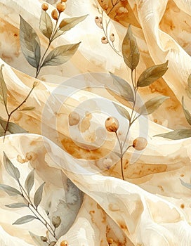 Elegant Watercolor Botanical Pattern with Delicate Leaves and Berries