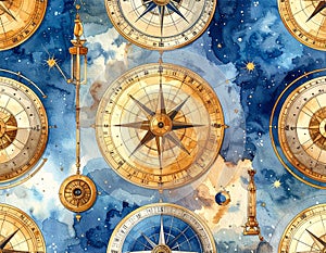 Watercolor Compass Pattern on Blue Sky Background