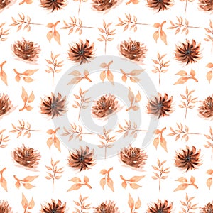 Seamless watercolor pattern with  floral in brown colors.  modern color.Hand drawn decor patterns with florals and leaves print