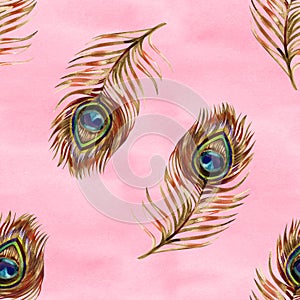 Seamless watercolor pattern with gold peacock feathers