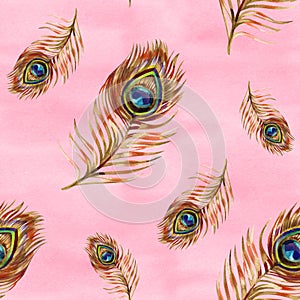 Seamless watercolor pattern with gold peacock feathers