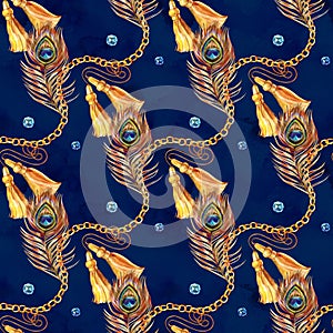 Seamless watercolor pattern with gold peacock feathers