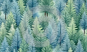 Seamless watercolor pattern with green and blue fern leaves