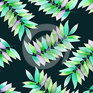 A seamless watercolor pattern with the green and violet leaves on the branches