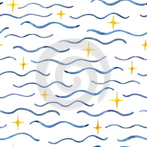 Seamless watercolor pattern with hand drawn blue waves and yellow sparkles