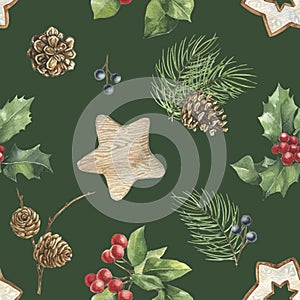 Seamless watercolor pattern. Hand drawn vintage style Christmas decorations, holly leaves, branch with red berries and