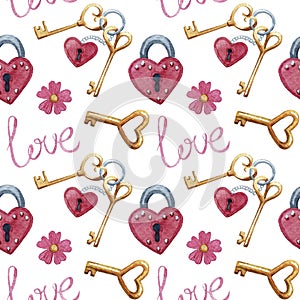 Seamless Watercolor pattern with keys, lock, love