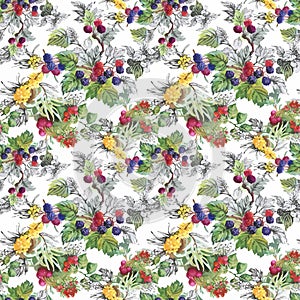 Seamless watercolor pattern with leafs and berries