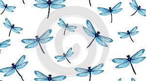 Seamless Watercolor Pattern of Light Blue Dragonflies in Flight on White Background lightblue 1