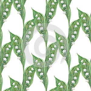 Seamless watercolor pattern with lilies of the valley on white background. Perfect for design templates, wallpaper, wrapping,