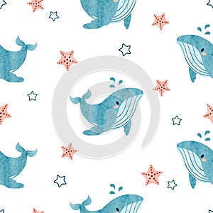 Seamless watercolor pattern with little blue whales. Vector baby shower background