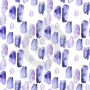 Seamless watercolor pattern made of violet and purple brush strokes and splashes. Abstract very peri background.