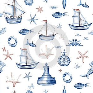 Seamless watercolor pattern with nautical elements. Vector illustration.