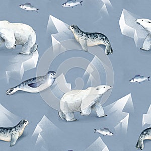 Seamless watercolor pattern about north fauna. Ice and sea animal. White bear, seal on snow